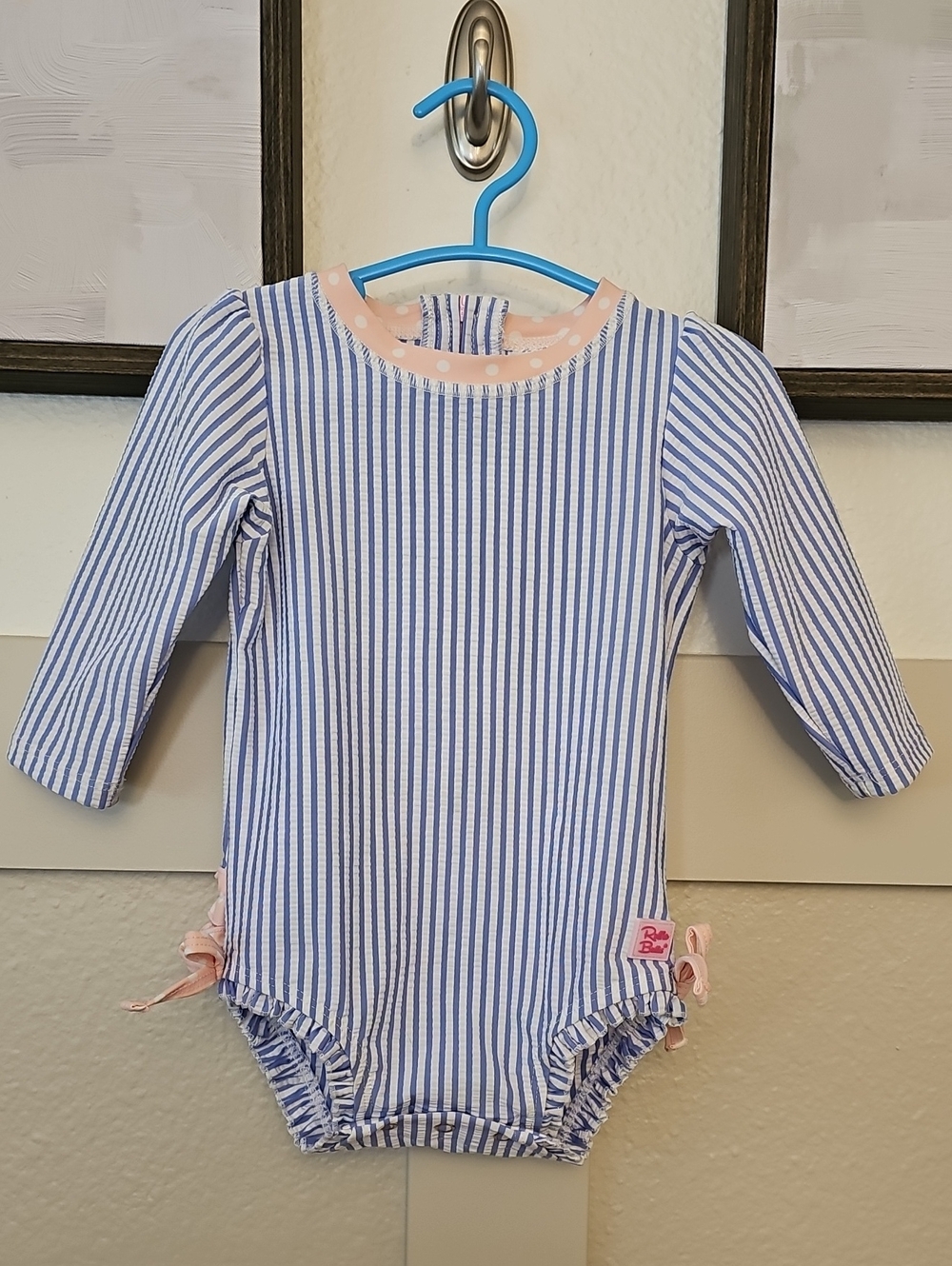 RuffleButts Blue Seersucker Long Sleeve Rash Guard One Piece Swimsuit 6-12m